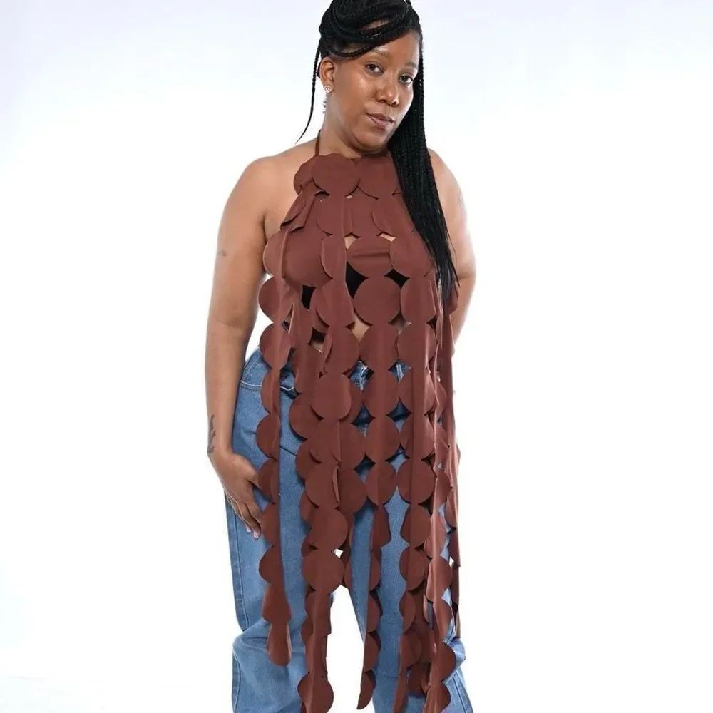 Brown Circle Pattern backless top - Picture 2 of 5